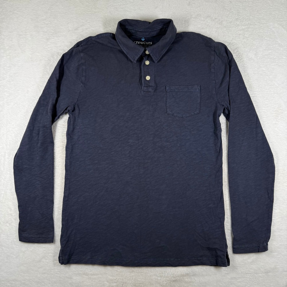 Crewcuts J.Crew Boys XL 12-14 Navy Blue Long Sleeve Cotton Slub Polo Shirt AZ729